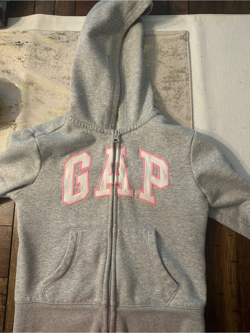 GAP Light Gray Zip-Up Hoodie with Pink-Edged Logo